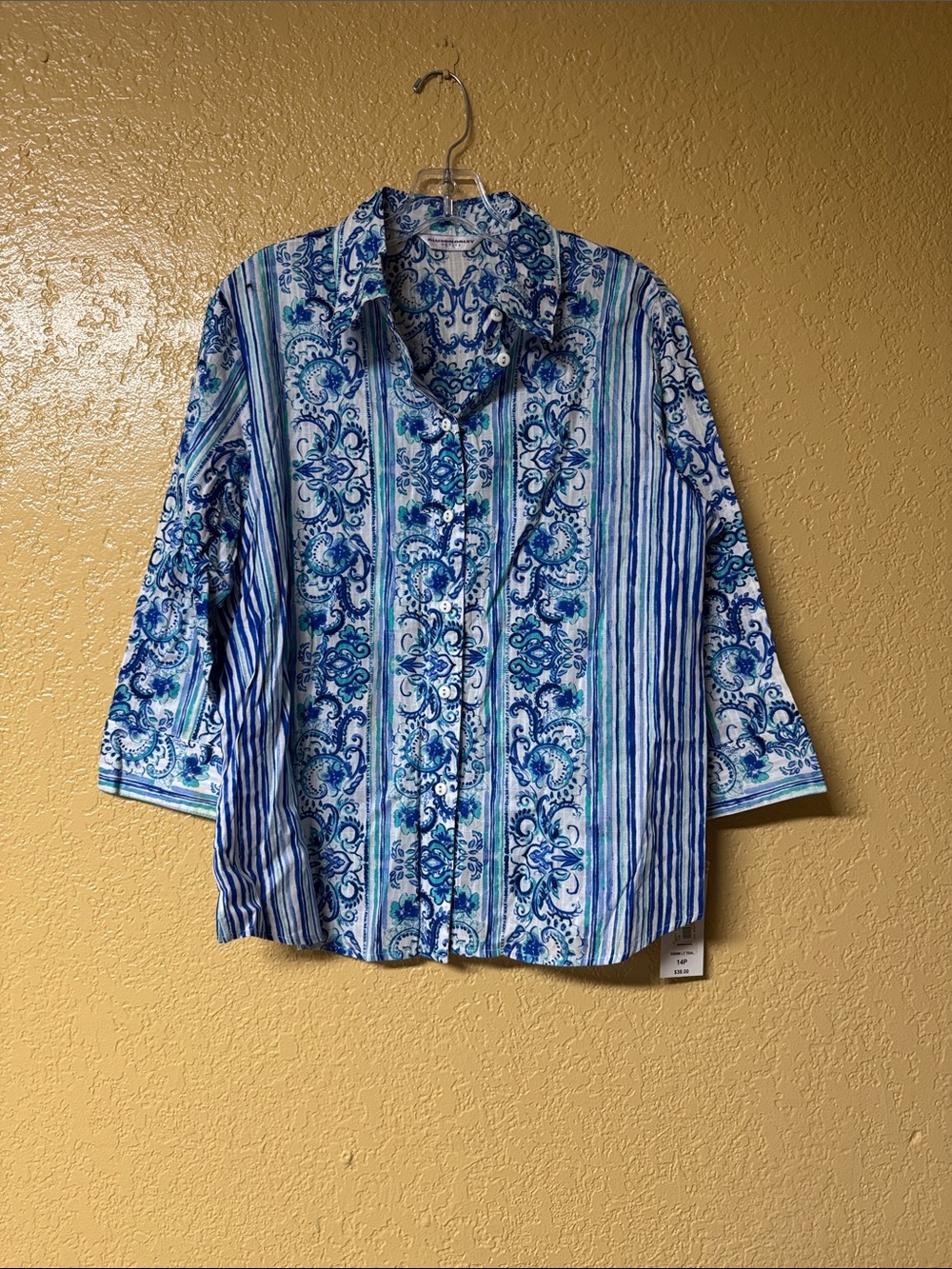 Allison Daley Blue & White Striped Floral Button Front Blouse